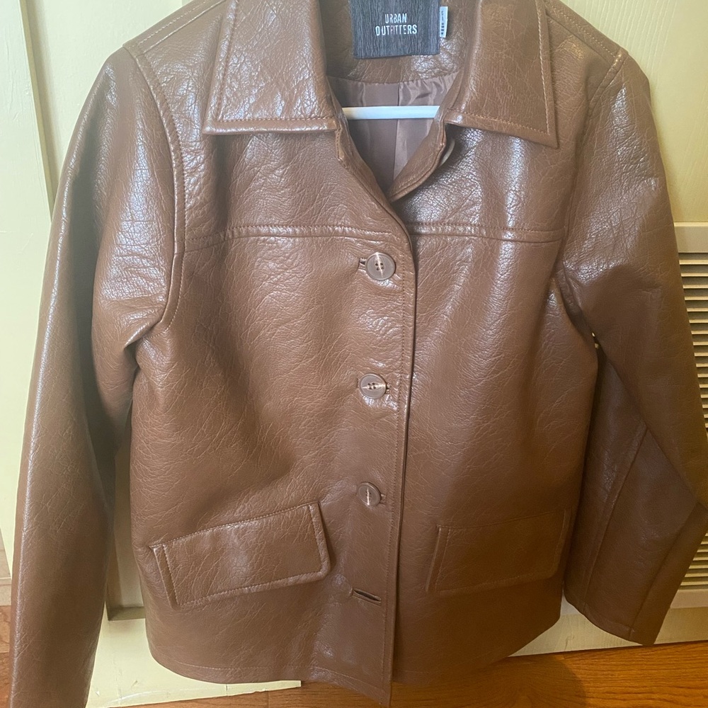 Urban Outfitters Brown Faux Leather Button-Up Jacket. Oversized fit. Like new!